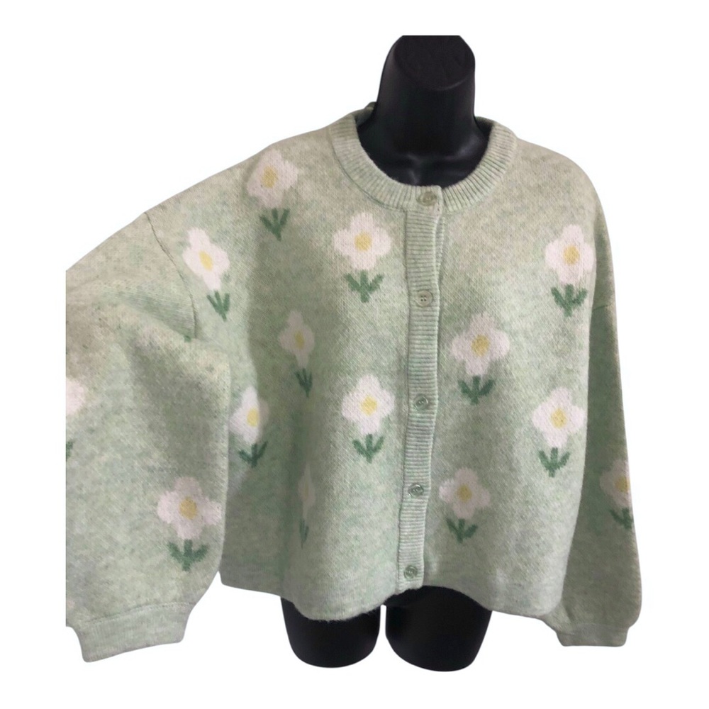 Jessica Simpson‎ mint green white yellow flower chunky cardigan size medium new